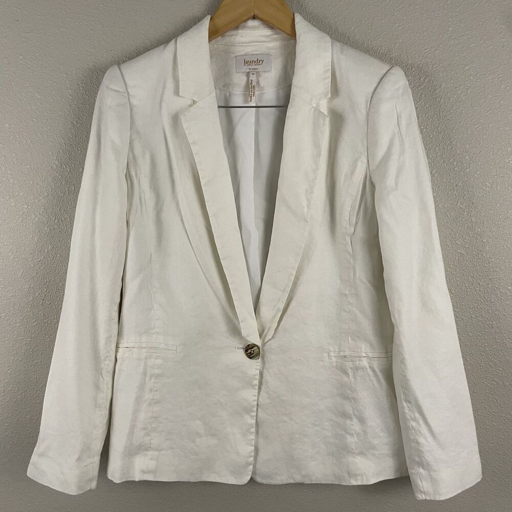 Laundry By Shelli Segal Size 8 Ivory Linen Blend Single Button Blazer Minimalist